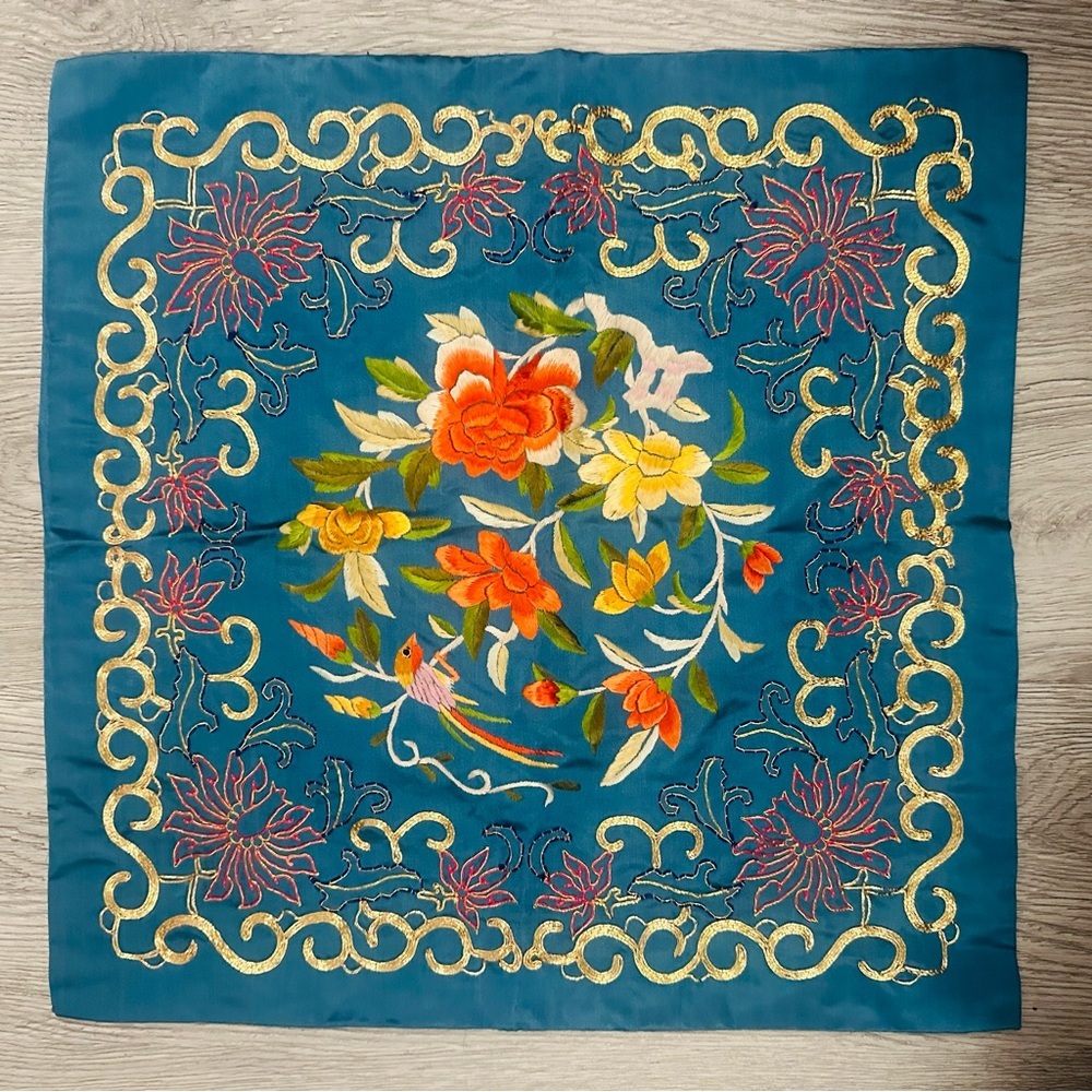 Vintage‎ Dun Huang Beijing 16" Asian Silk Embroidered Pillow Cover Bird Floral